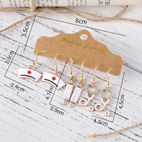 Juego de Pendientes Médicos Día de la Enfermera Aleación Estetoscopio Jeringa Gorro de Enfermera Pendientes de Botón Regalo Joyería