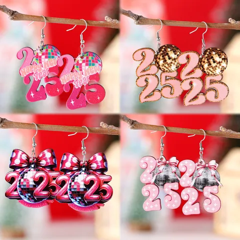 New Year 2025 Disco Ball Bow Wooden Drop Earrings Double Sided Print Festive Jewelry Party Gift Wood Alloy Earrings