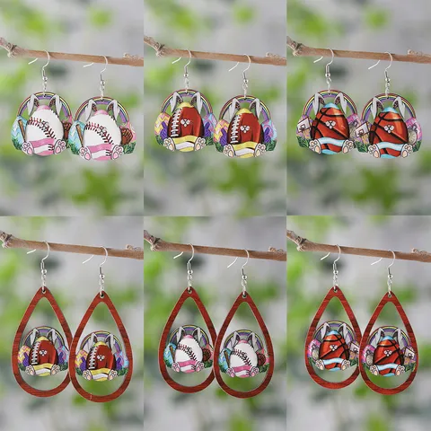 Pendientes de Madera de Pascua Gota de Agua Hueca Pendientes Colgantes de Gota Estampado Conejo Leopardo Patrón Deporte Pendientes para Mujer Fiesta Joyería Regalo