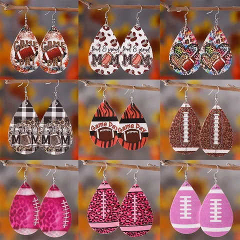 Super Bowl Game Day Rugby Leder Ohrringe Doppelseitig Bedruckt Wassertropfen Tropfen Hängeohrringe Für Fan Team Damen Schmuck Geschenk