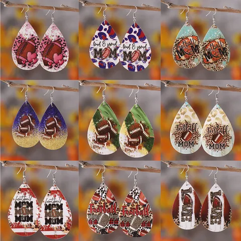 Football MOM Leoparden Herz Wassertropfen Ohrringe Super Bowl PU Leder Doppelseitige Ohrhänger Für Damen Sport Schmuck