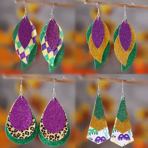 Mardi Gras Carnaval Pailletten Gelaagde PU Leer Druppel Oorbellen Festival Thema Masker Luipaardpatroon Mode Oorsieraden Voor Vrouwen