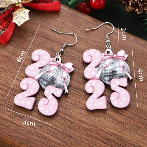 New Year 2025 Disco Ball Bow Wooden Drop Earrings Double Sided Print Festive Jewelry Party Gift Wood Alloy Earrings