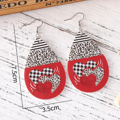 Valentinstag Kariert Leopardenmuster Herz Wassertropfen Ohrringe Doppelseitige PU Leder Legierung Haken Ohrringe Damen Mode Schmuck