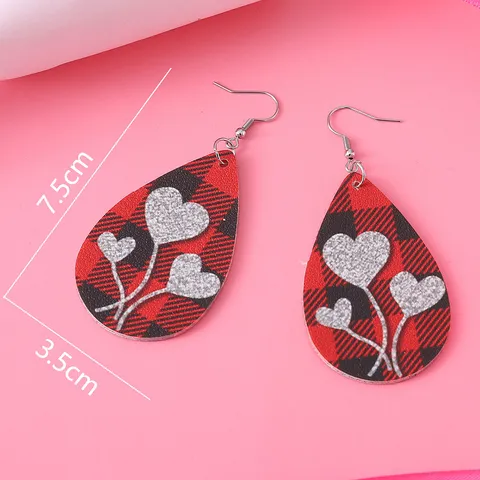 Valentinstag Kariert Herz Tropfen Anhänger Ohrringe PU Leder Doppelseitige Ohrhänger Für Damen Feiertag Party Geschenk