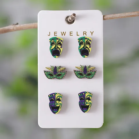 Carnival Colorful Clown Mask Wooden Stud Earrings Set For Women Festive Individualistic Geometric Mask Pattern Wooden Ear Jewelry Gift
