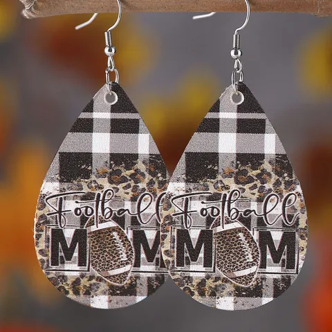 Muttertag Holz PU Leder Tränenohrringe Football Mom MAMA Blessed Leopardenmuster Hängeohrringe Für Damen Mode Schmuck