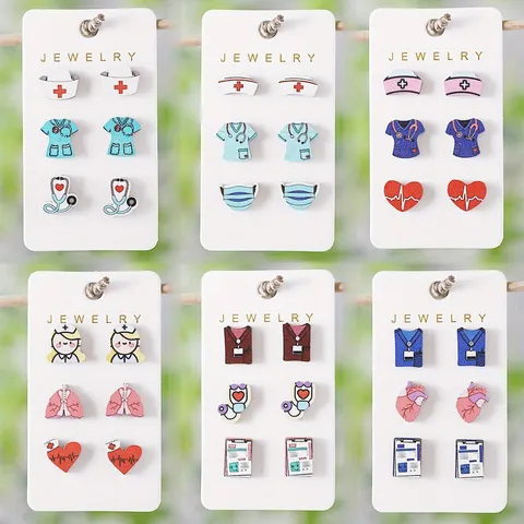 Lindos Pendientes de Madera Día de la Enfermera Conjunto para Mujeres Dibujos Animados Estetoscopio Corazón Órgano Médico Joyería Regalos