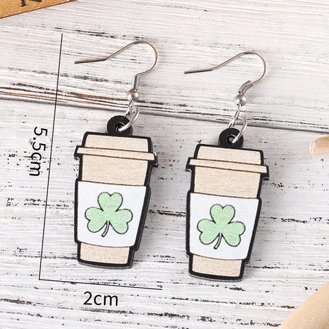 St. Patrick's Day Holz Ohrringe Doppelseitig Bedruckt Klee Herz Kaffeetasse Leopard Karo Muster Legierung Hängeohrringe Für Damen Holiday Party Schmuck