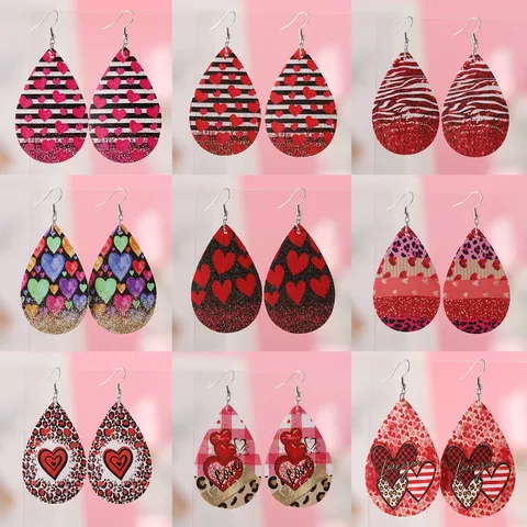 Valentinstag Herz Gestreift PU Leder Tropfen Ohrringe Pailletten Leopardenmuster Doppelseitige Hängeohrringe Für Damen Schmuck Geschenk