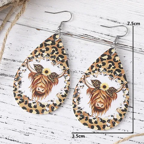 Western Cowboy Style PU Leather Teardrop Dangle Earrings Double Sided Printed Leopard Cow Sunflower Highland Cow Head Drop Earrings For Women