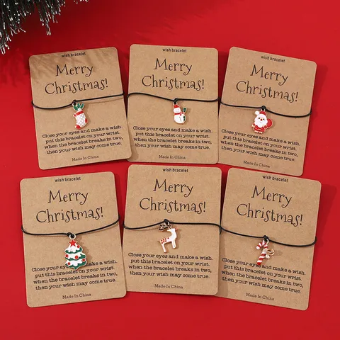 Weihnachten Urlaub Karte Wunsch Armband Handgemacht Gewebt Verstellbar Schwarz Kordel Armband Mit Legierung Cartoon Anhänger Für Festliche Geschenk Party Damen Kinder Schmuck