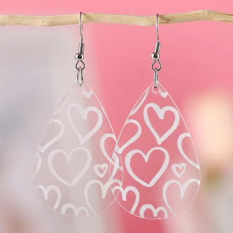 Acrylic Heart Printed Teardrop Pendant Earrings For Women Valentine's Day Jewelry Gift Transparent White Heart Earrings