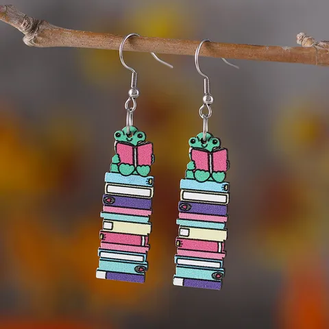 Back To School Season Frog Reading Books Wooden Drop Earrings Double Sided Printed Teacher's Day Gift Wood Jewelry For Women