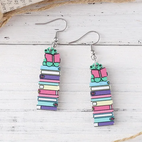 Back To School Season Frog Reading Books Wooden Drop Earrings Double Sided Printed Teacher's Day Gift Wood Jewelry For Women