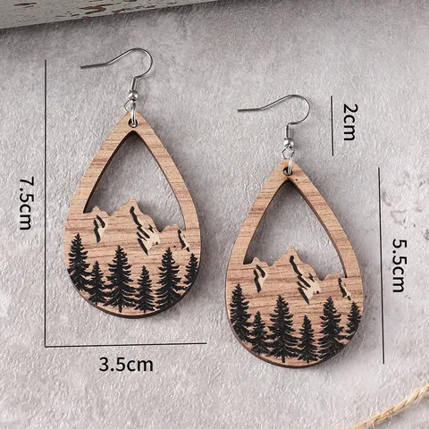 Pendientes de Gota de Agua de Madera Estilo Western Huecos de Doble Cara Patrón de Montaña Pino Joyería para Mujer