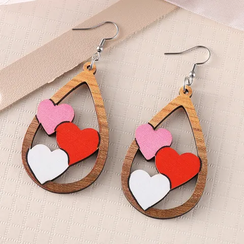 Valentine Day Wood Earrings Necklace Set Colorful Leopard Print Plaid Heart Shaped Teardrop Wooden Jewelry Set For Women Girlfriend Gift
