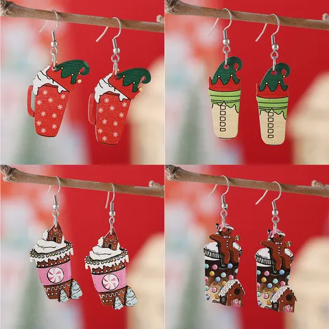 Boucles d'Oreilles Noël en Bois Tasse à Café Flocon de Neige Recto-Verso Bonhomme de Pain d'Épices Bijoux Femme