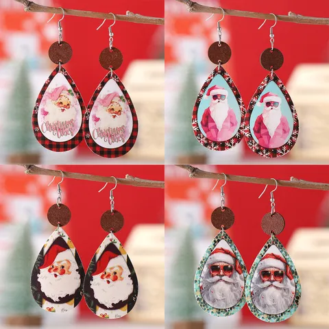 Pendientes Colgantes de Navidad a Cuadros Papá Noel Copo de Nieve para Mujer Cuero PU Madera Empalme Gota de Agua Joyas Regalo