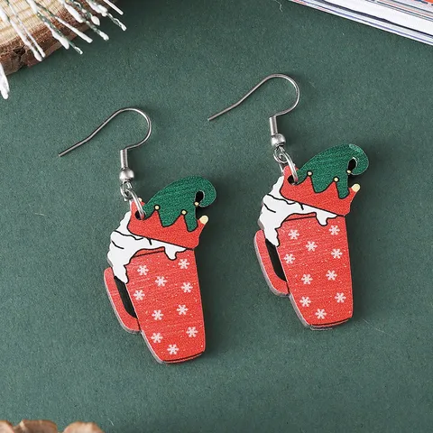 Boucles d'Oreilles Noël en Bois Tasse à Café Flocon de Neige Recto-Verso Bonhomme de Pain d'Épices Bijoux Femme