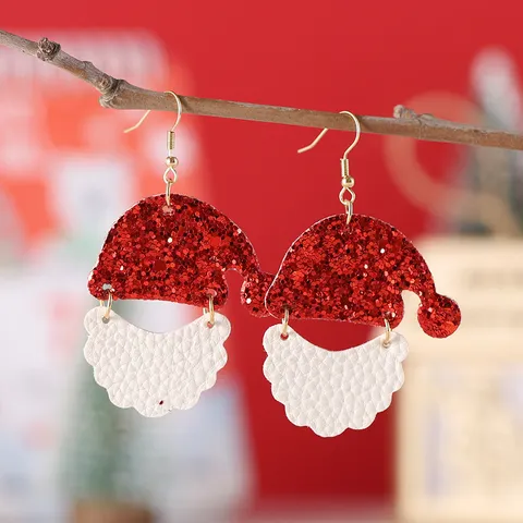 Pendientes Colgantes de Cuero PU con Gorro de Navidad Barba Blanca Lentejuelas Ganchos de Acero Inoxidable Joyería Festiva para Mujer