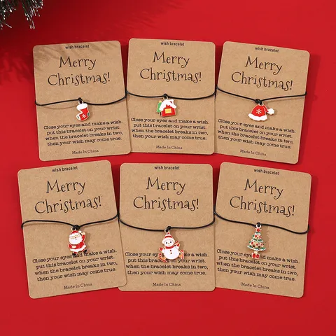Weihnachten Urlaub Karte Wunsch Armband Handgemacht Gewebt Verstellbar Schwarz Kordel Armband Mit Legierung Cartoon Anhänger Für Festliche Geschenk Party Damen Kinder Schmuck