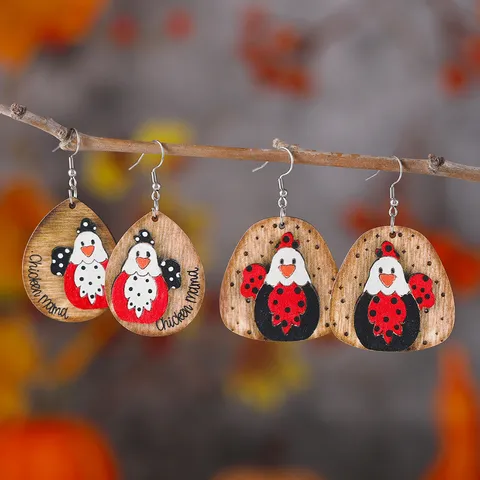 Pendientes de Madera Pastorale Granja Occidental Gallina Colgante Pendientes Doble Cara Estampado Animal Rural Acción de Gracias Mujeres Joyería