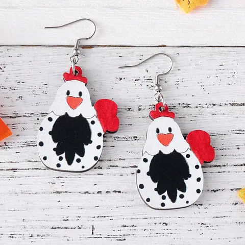 Pendientes de Madera Pastorale Granja Occidental Gallina Colgante Pendientes Doble Cara Estampado Animal Rural Acción de Gracias Mujeres Joyería