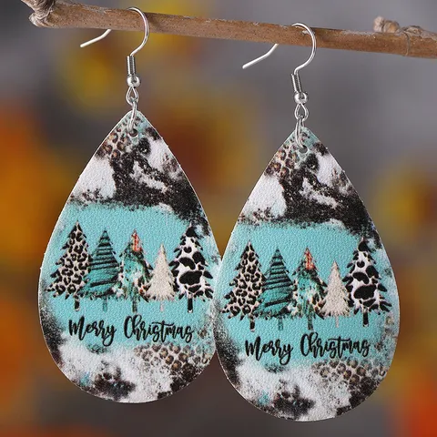 Christmas Leopard Print Christmas Tree Teardrop Earrings For Women Western Style PU Leather Stainless Steel Double Sided Dangle Earrings