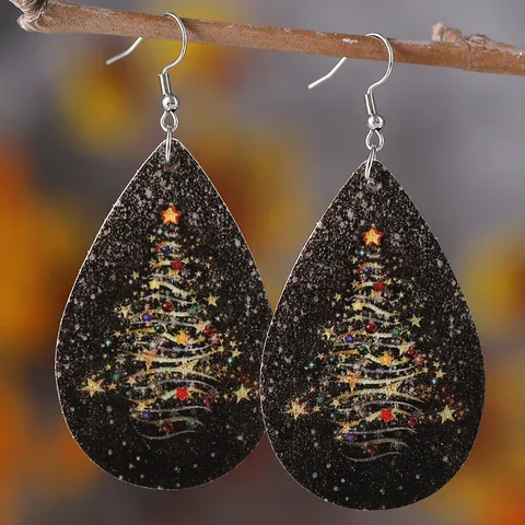 Weihnachtsbaum Bedruckt PU Leder Tropfen Ohrringe Doppelseitig Stern Licht Muster Edelstahl Haken Schmuck Für Damen