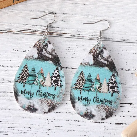 Christmas Leopard Print Christmas Tree Teardrop Earrings For Women Western Style PU Leather Stainless Steel Double Sided Dangle Earrings