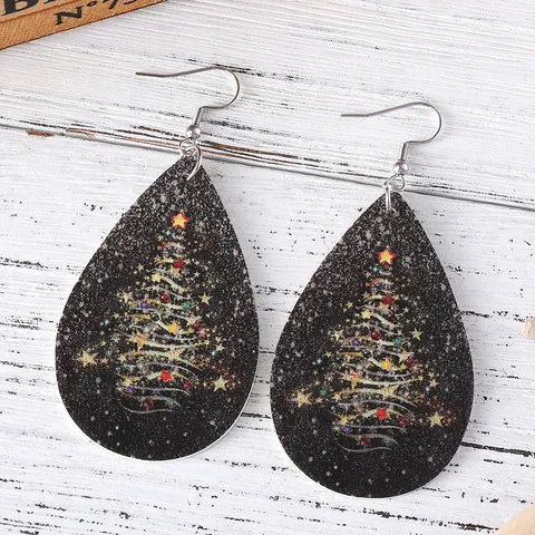 Weihnachtsbaum Bedruckt PU Leder Tropfen Ohrringe Doppelseitig Stern Licht Muster Edelstahl Haken Schmuck Für Damen
