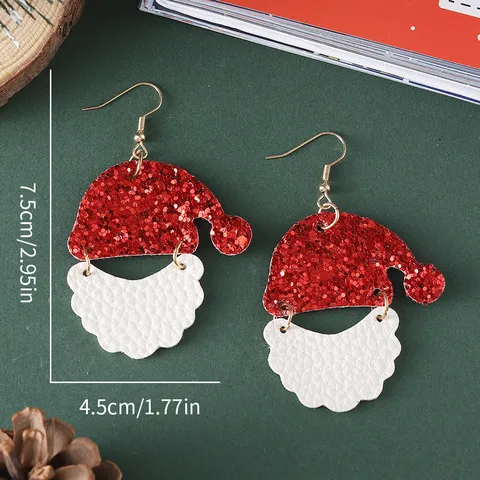 Pendientes Colgantes de Cuero PU con Gorro de Navidad Barba Blanca Lentejuelas Ganchos de Acero Inoxidable Joyería Festiva para Mujer