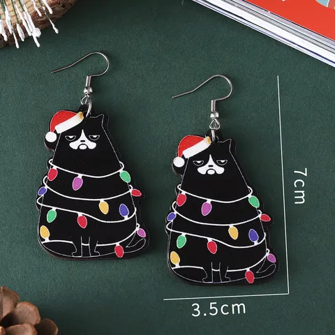 Pendientes de Gota de Madera de Doble Cara con Gato Negro y Luces de Navidad Joyería Festiva Mujer Pendiente de Madera y Acero Inoxidable