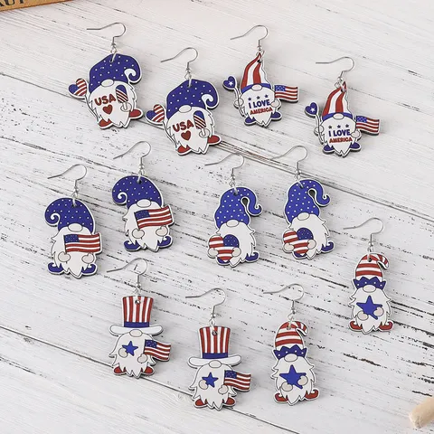 Patriotische US-Unabhängigkeitstag Holzgitter-Gnom-Ohrringe Amerikanische Flagge Sterne Streifen Doppelseitig Bedruckter Schmuck