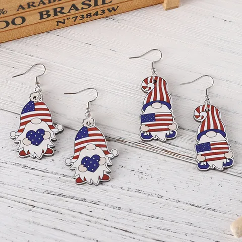 Patriotische US-Unabhängigkeitstag Holzgitter-Gnom-Ohrringe Amerikanische Flagge Sterne Streifen Doppelseitig Bedruckter Schmuck
