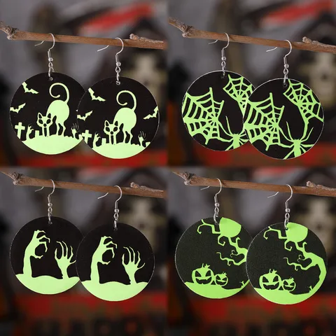 Pendientes Redondos de Cuero PU Fluorescente Gótico Halloween Mujer Pendientes de Calabaza Murciélago de Doble Cara