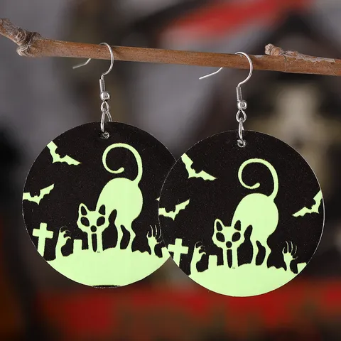 Pendientes Redondos de Cuero PU Fluorescente Gótico Halloween Mujer Pendientes de Calabaza Murciélago de Doble Cara