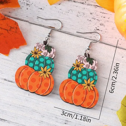 Pendientes de Madera de Calabaza de Acción de Gracias Cosecha de Otoño Cuadros Leopardo Girasol Floral Doble Cara Madera Colgantes para Mujer Joyería