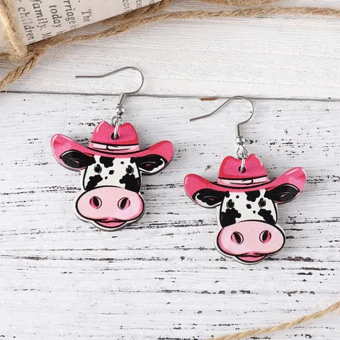 Western Style Pink Denim Hat Cow Wooden Double Sided Print Drop Earrings Farm Animal Dangle Jewelry For Women Girls