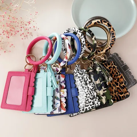 Porte-Clés Bracelet en Cuir PU Avec Gland Bracelet Rond Porte-Cartes Pour Femmes Mode Imprimé Léopard Serpent Porte-Monnaie Clés