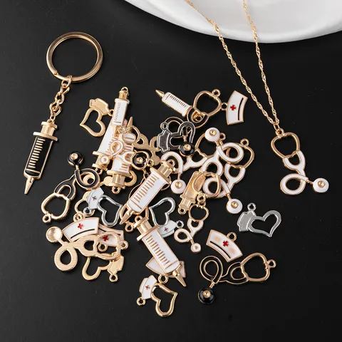Medical Theme Alloy Enamel Charms For Jewelry Making Syringe Stethoscope Nurse Hat Pendant DIY Bracelet Necklace Accessory