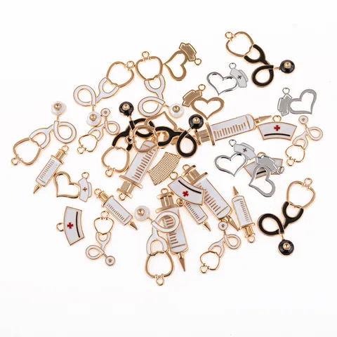 Medical Theme Alloy Enamel Charms For Jewelry Making Syringe Stethoscope Nurse Hat Pendant DIY Bracelet Necklace Accessory