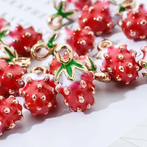 Strawberry Drip Oil Alloy Charms For Jewelry Making Golden Border Fruit Pendants For Bracelet Necklace Earrings DIY Handmade Accessories