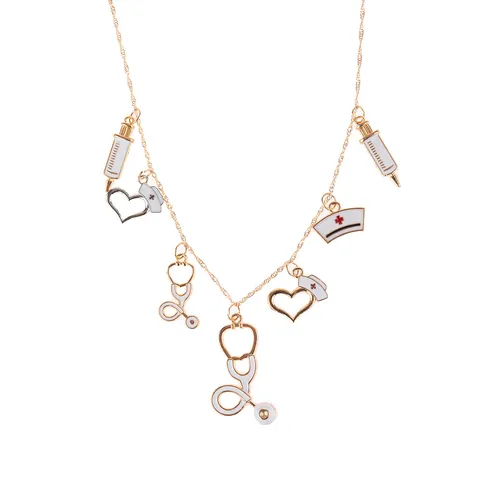 Minimalist Alloy Medical Theme Enamel Pendant Necklace Stethoscope Syringe Heart Nurse Cap Shape Gold Plated Layered Charm Necklace For Nurse Doctor Gift Women Jewelry