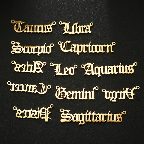 Edelstahl Gotisch Zwölf Tierkreiszeichen Englisch Buchstaben Charms Gold Galvanisiert Zwölf Sternzeichen Anhänger Set Für DIY Schmuck Halskette Zubehör