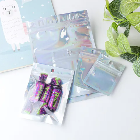 100 Pcs Holographic Laser Ziplock Bags Resealable Aluminum Foil Packaging Bags Translucent Pouches For Jewelry Accessories