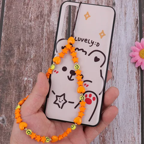 Correa de Teléfono de Resina Colorida con Estrella Corazón Cara Sonriente Cadena de Teléfono Móvil con Cuentas Anti-Perdida para Mujer