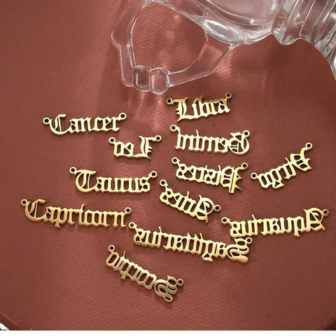 Edelstahl Gotisch Zwölf Tierkreiszeichen Englisch Buchstaben Charms Gold Galvanisiert Zwölf Sternzeichen Anhänger Set Für DIY Schmuck Halskette Zubehör