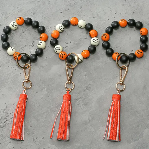 Halloween Wooden Beads Bracelet Keychain Leather Tassel Wristlet Keychain Anti-Lost Pumpkin Face Ghost Print Key Ring Bangle Gift